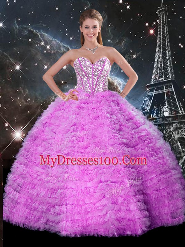 On Sale Tulle Sweetheart Sleeveless Lace Up Beading and Ruffles Quinceanera Gown in Fuchsia