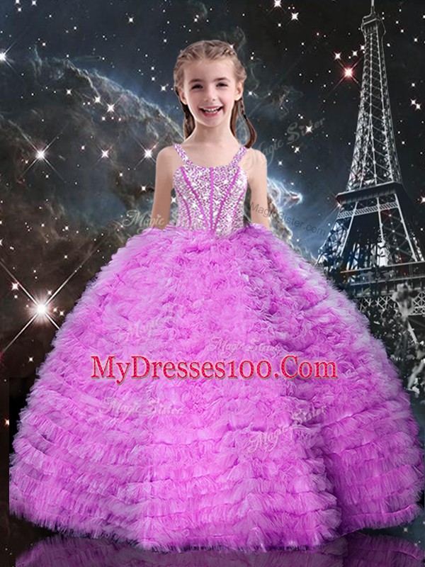 On Sale Tulle Sweetheart Sleeveless Lace Up Beading and Ruffles Quinceanera Gown in Fuchsia