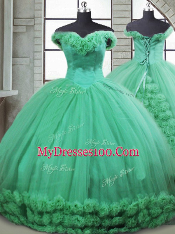 Turquoise Vestidos de Quinceanera Off The Shoulder Sleeveless Brush Train Lace Up