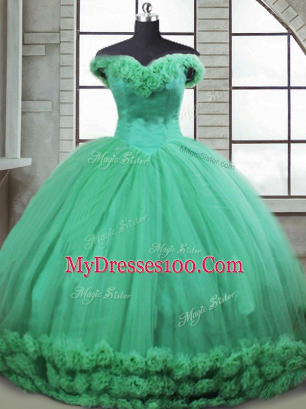 Turquoise Vestidos de Quinceanera Off The Shoulder Sleeveless Brush Train Lace Up