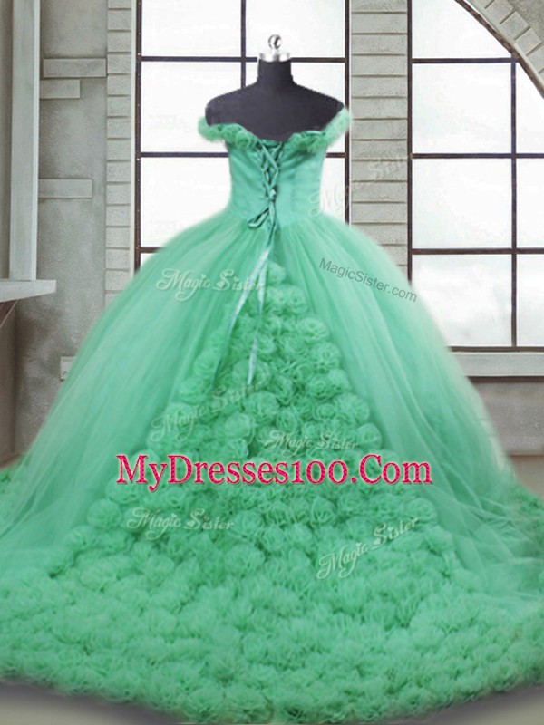 Turquoise Vestidos de Quinceanera Off The Shoulder Sleeveless Brush Train Lace Up