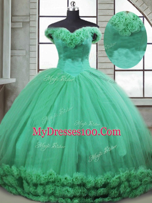 Turquoise Vestidos de Quinceanera Off The Shoulder Sleeveless Brush Train Lace Up