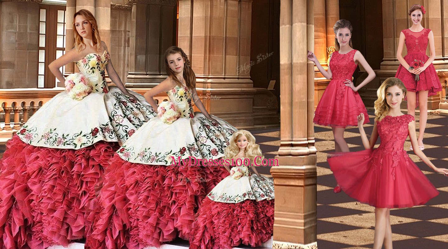 Most Popular Sweetheart Sleeveless Brush Train Lace Up Sweet 16 Quinceanera Dress White And Red Taffeta