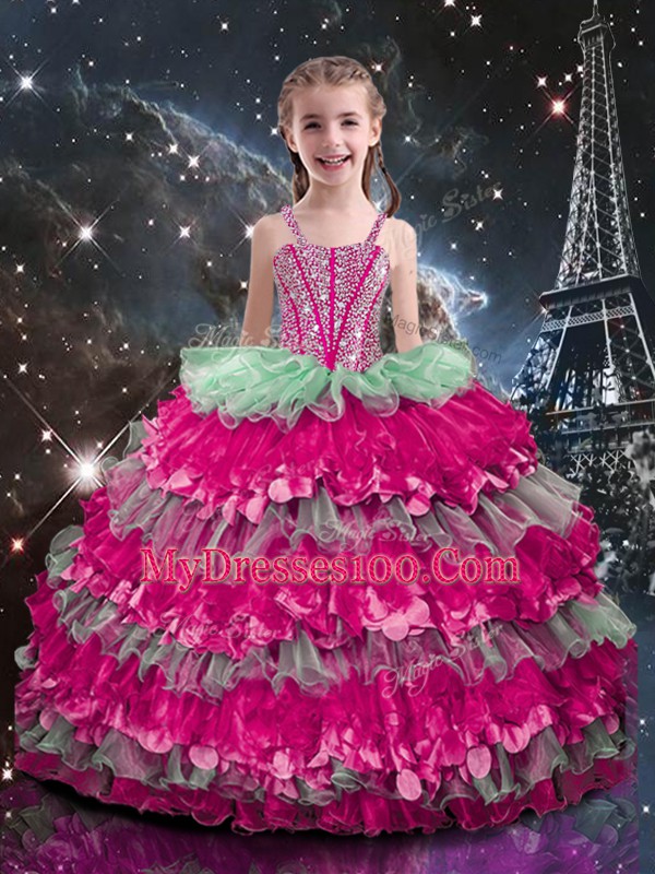 Great Floor Length Lace Up Kids Formal Wear Multi-color for Quinceanera and Wedding Party with Beading and Ruffled Layers