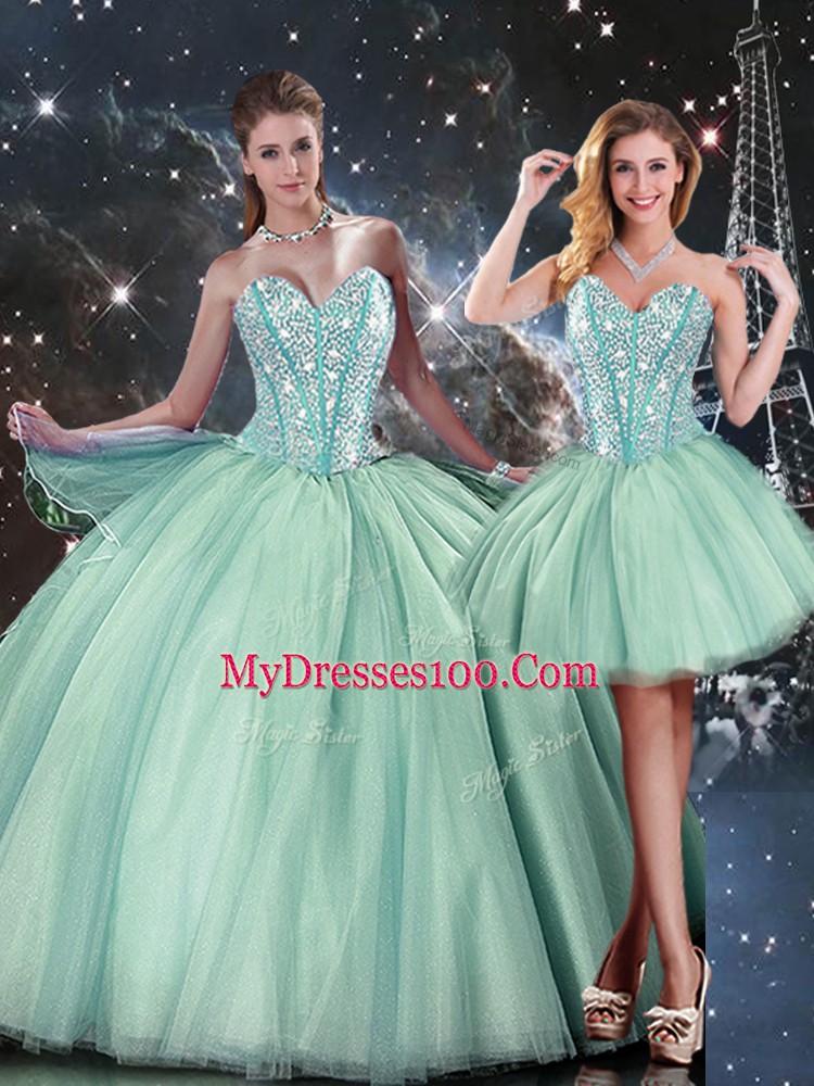 Turquoise Sleeveless Floor Length Beading Lace Up Sweet 16 Dress