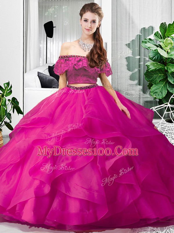 Floor Length Hot Pink Quince Ball Gowns Off The Shoulder Sleeveless Lace Up