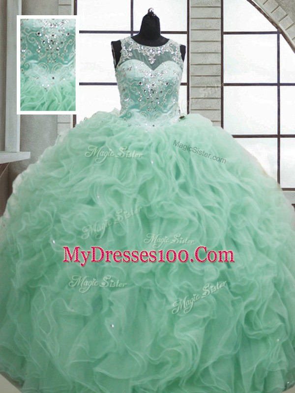 Floor Length Lace Up 15th Birthday Dress Apple Green for Military Ball and Sweet 16 and Quinceanera with Beading and Ruffles