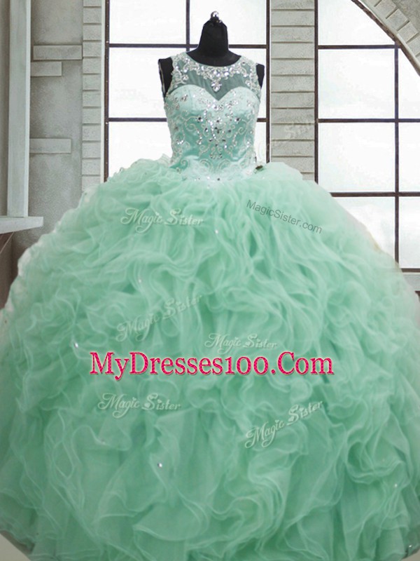Floor Length Lace Up 15th Birthday Dress Apple Green for Military Ball and Sweet 16 and Quinceanera with Beading and Ruffles