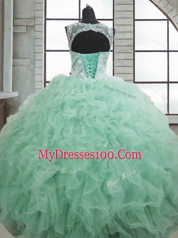 Floor Length Lace Up 15th Birthday Dress Apple Green for Military Ball and Sweet 16 and Quinceanera with Beading and Ruffles