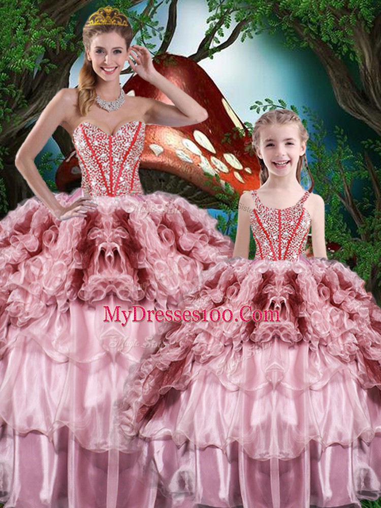 Wonderful Multi-color Organza Lace Up Sweet 16 Quinceanera Dress Sleeveless Floor Length Beading and Ruffles and Ruffled Layers