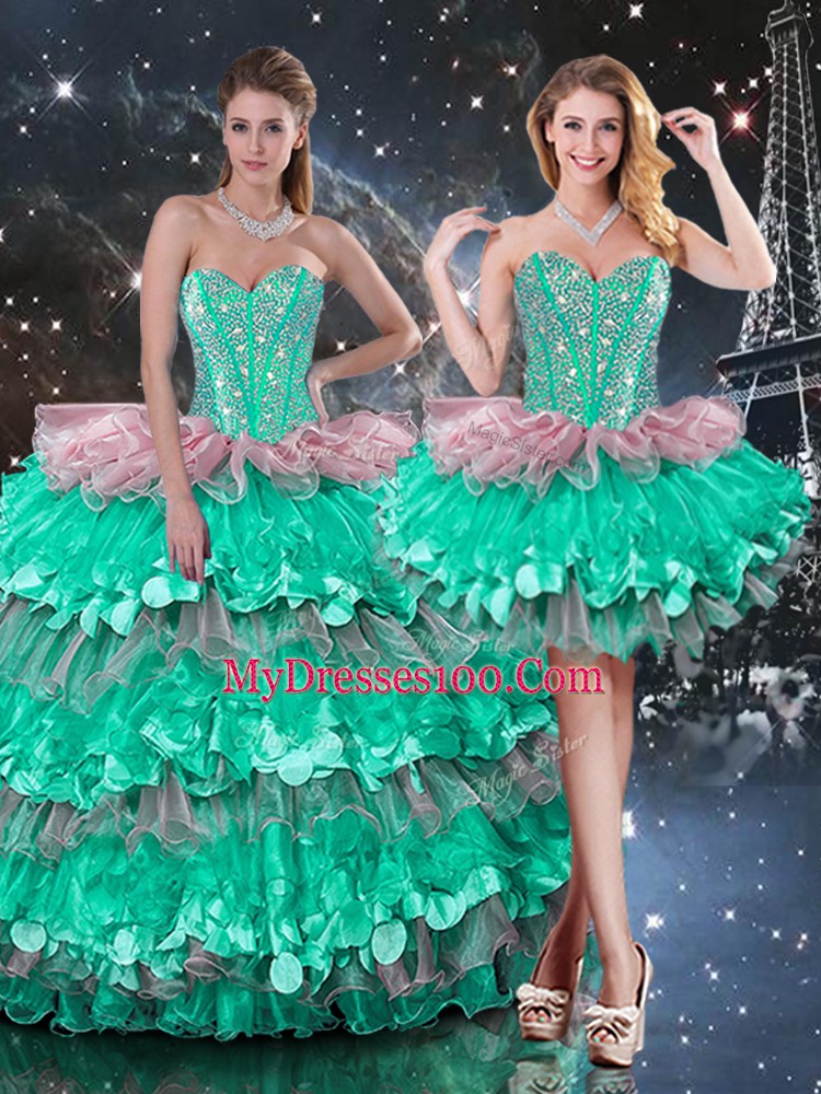 Inexpensive Sleeveless Beading and Ruffles and Ruffled Layers Lace Up Quince Ball Gowns