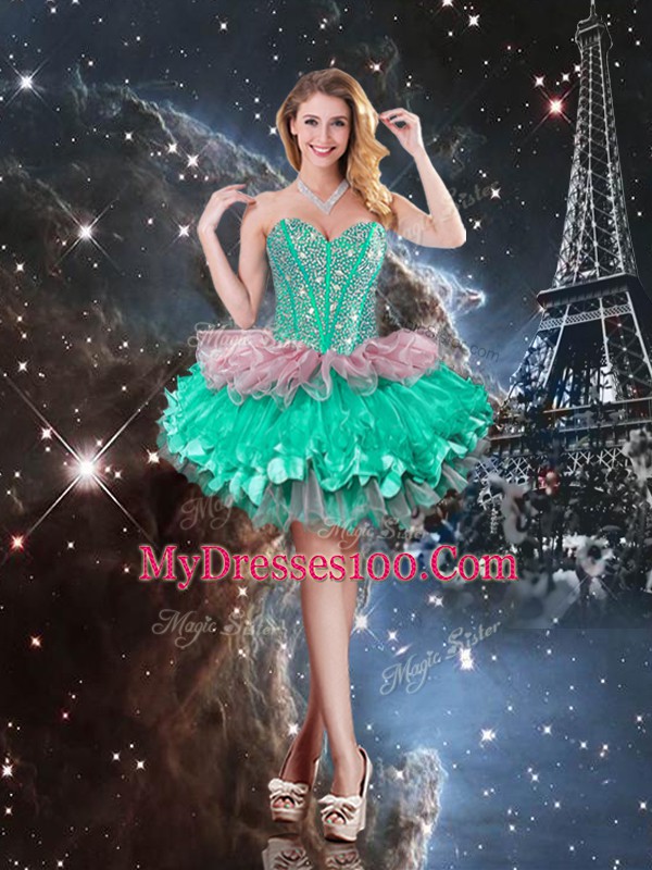 Inexpensive Sleeveless Beading and Ruffles and Ruffled Layers Lace Up Quince Ball Gowns