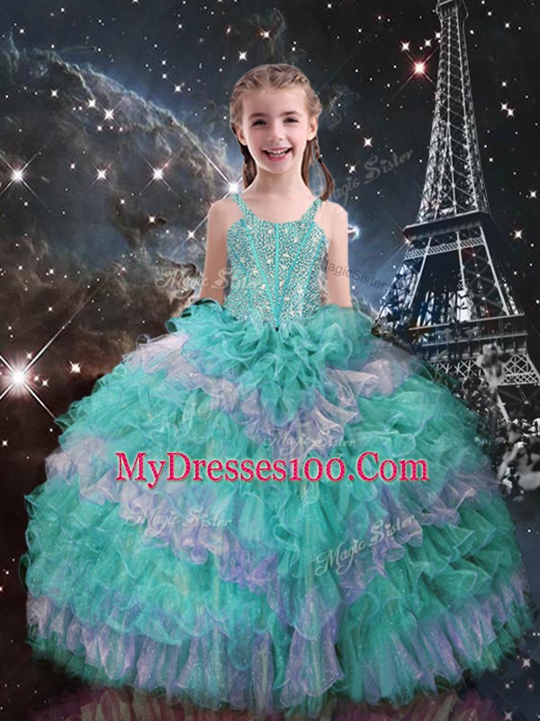 Attractive Turquoise Ball Gowns Beading and Ruffled Layers Little Girls Pageant Dress Lace Up Organza Sleeveless Floor Length