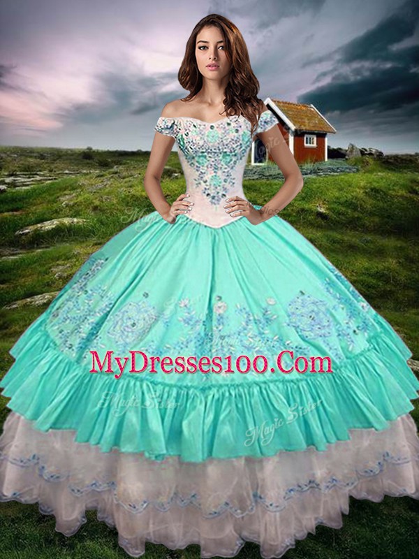 Hot Selling Aqua Blue Ball Gowns Off The Shoulder Sleeveless Taffeta Floor Length Lace Up Beading and Embroidery and Ruffled Layers Quinceanera Gown