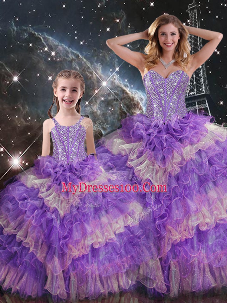 Glittering Multi-color Vestidos de Quinceanera Military Ball and Sweet 16 and Quinceanera with Beading and Ruffled Layers and Sequins Sweetheart Sleeveless Lace Up