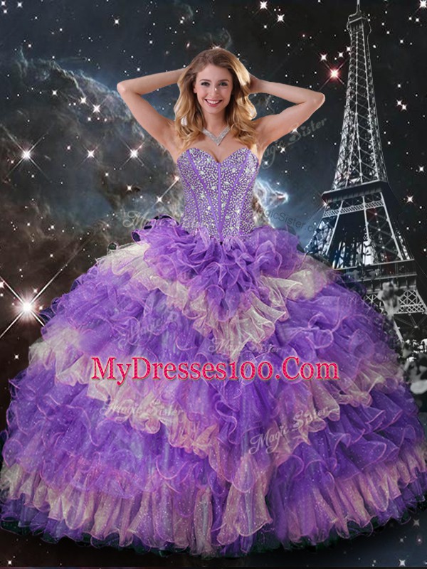 Glittering Multi-color Vestidos de Quinceanera Military Ball and Sweet 16 and Quinceanera with Beading and Ruffled Layers and Sequins Sweetheart Sleeveless Lace Up