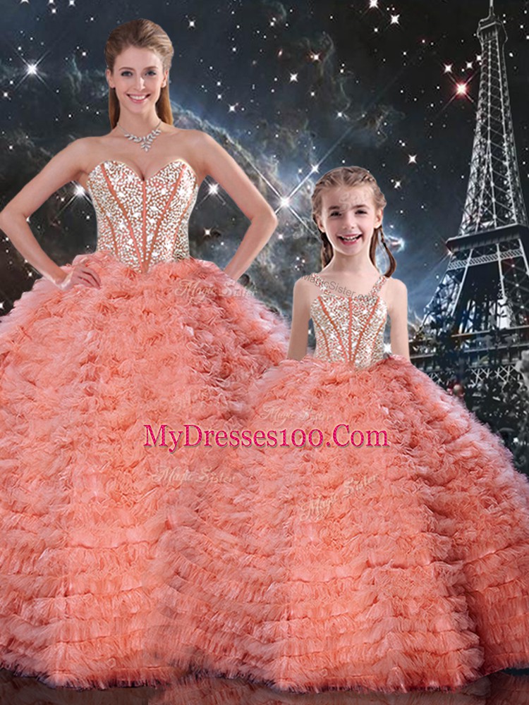 Stylish Sleeveless Floor Length Beading and Ruffles Lace Up Quince Ball Gowns with Watermelon Red