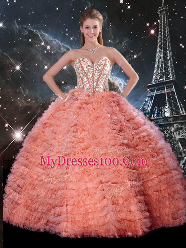 Stylish Sleeveless Floor Length Beading and Ruffles Lace Up Quince Ball Gowns with Watermelon Red