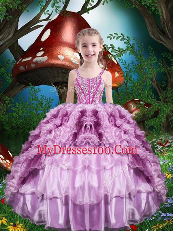 Adorable Straps Sleeveless Little Girls Pageant Dress Wholesale Floor Length Beading and Ruffles and Ruffled Layers Lilac Organza