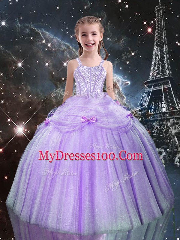 Lilac Sleeveless Tulle Lace Up Kids Formal Wear for Quinceanera and Wedding Party
