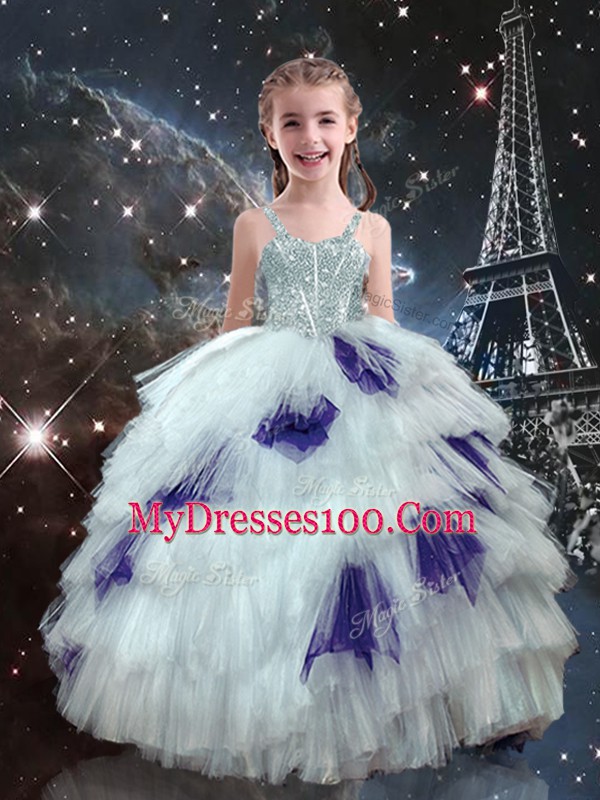 Sweet White Straps Neckline Beading and Ruffled Layers Child Pageant Dress Sleeveless Lace Up