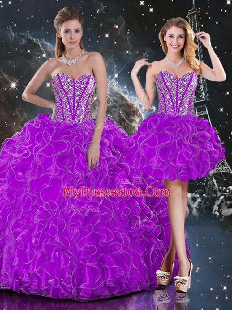 Custom Designed Sleeveless Lace Up Floor Length Beading and Ruffles 15th Birthday Dress