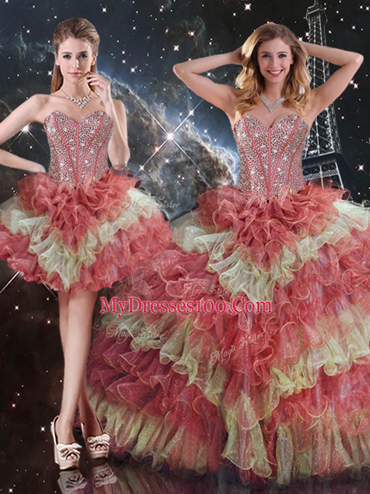 Graceful Multi-color Sweetheart Neckline Beading and Ruffled Layers 15th Birthday Dress Sleeveless Lace Up