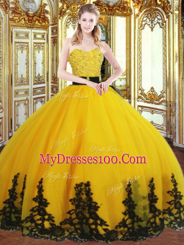 Suitable Gold Quinceanera Gown Military Ball and Sweet 16 and Quinceanera with Beading and Appliques Sweetheart Sleeveless Zipper