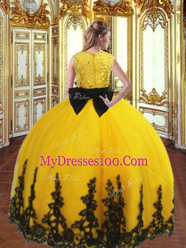 Suitable Gold Quinceanera Gown Military Ball and Sweet 16 and Quinceanera with Beading and Appliques Sweetheart Sleeveless Zipper
