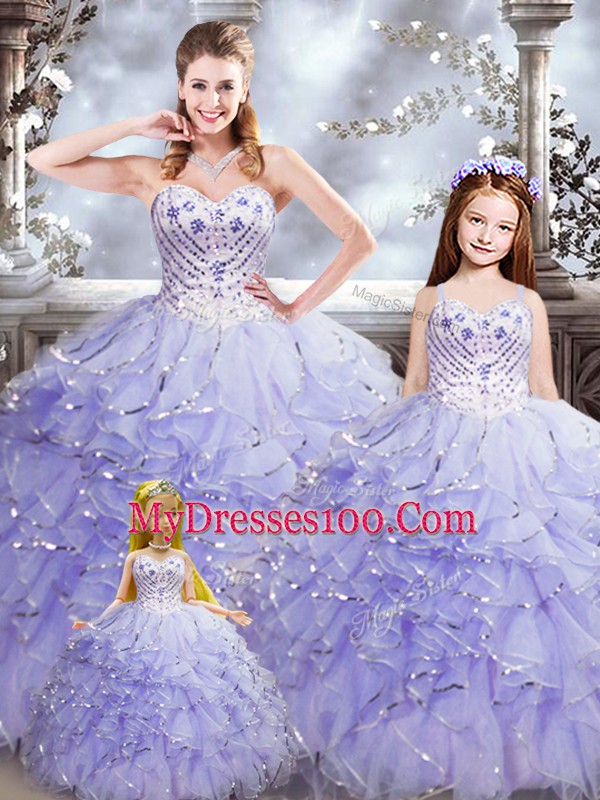 Glamorous Floor Length Lavender Quinceanera Dresses Organza Sleeveless Beading and Ruffles