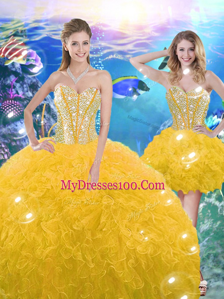 Beading and Ruffles Ball Gown Prom Dress Gold Lace Up Sleeveless Floor Length