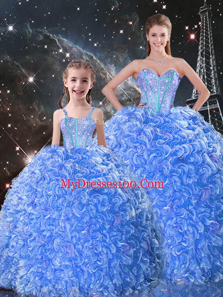 Custom Designed Organza Sweetheart Sleeveless Lace Up Beading and Ruffles Quinceanera Dress in Blue