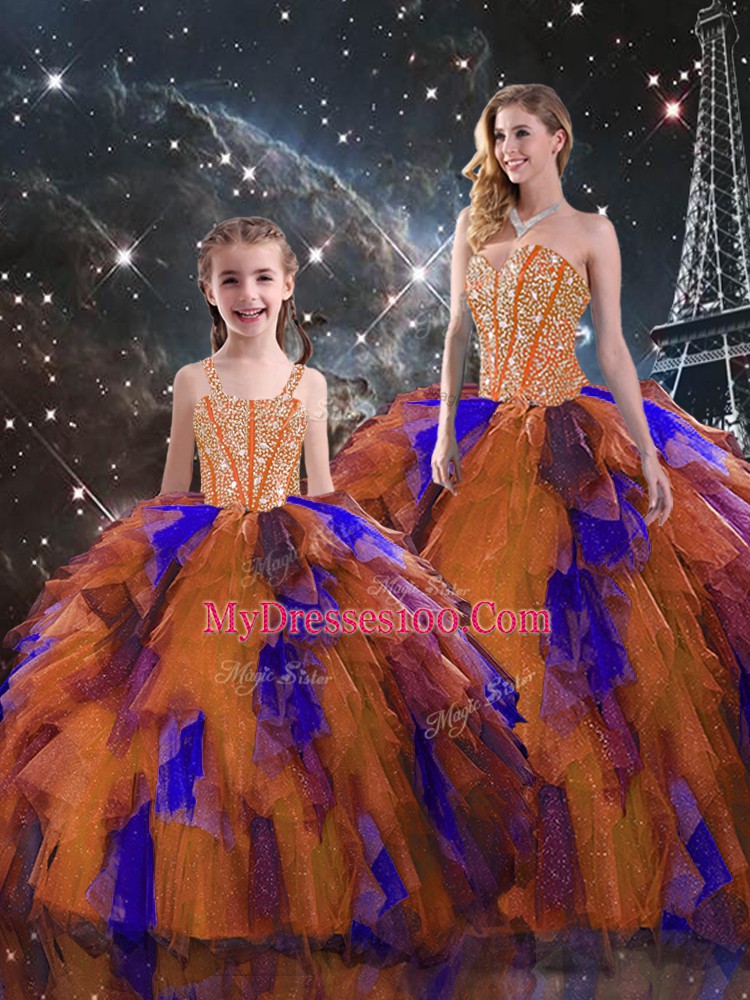 On Sale Multi-color Ball Gowns Beading and Ruffled Layers Quince Ball Gowns Lace Up Tulle Sleeveless Floor Length