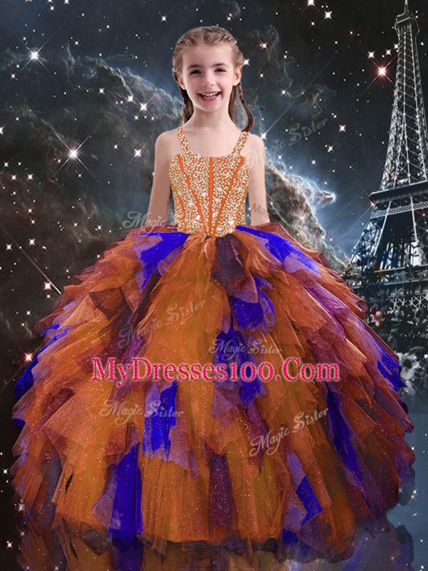 On Sale Multi-color Ball Gowns Beading and Ruffled Layers Quince Ball Gowns Lace Up Tulle Sleeveless Floor Length