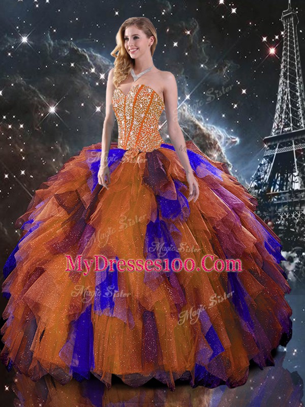 On Sale Multi-color Ball Gowns Beading and Ruffled Layers Quince Ball Gowns Lace Up Tulle Sleeveless Floor Length