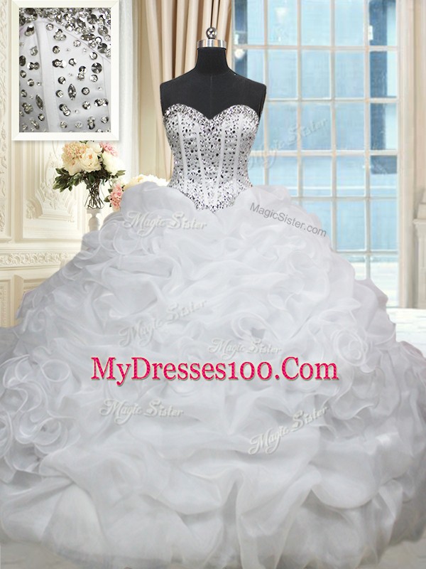 Brush Train Ball Gowns Quinceanera Dress White Sweetheart Organza Sleeveless Lace Up