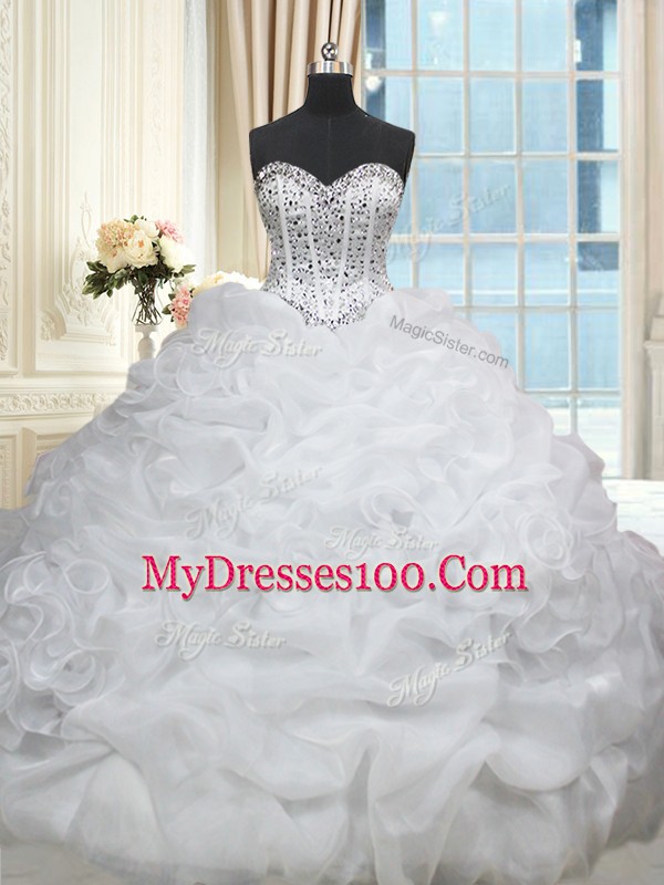 Brush Train Ball Gowns Quinceanera Dress White Sweetheart Organza Sleeveless Lace Up