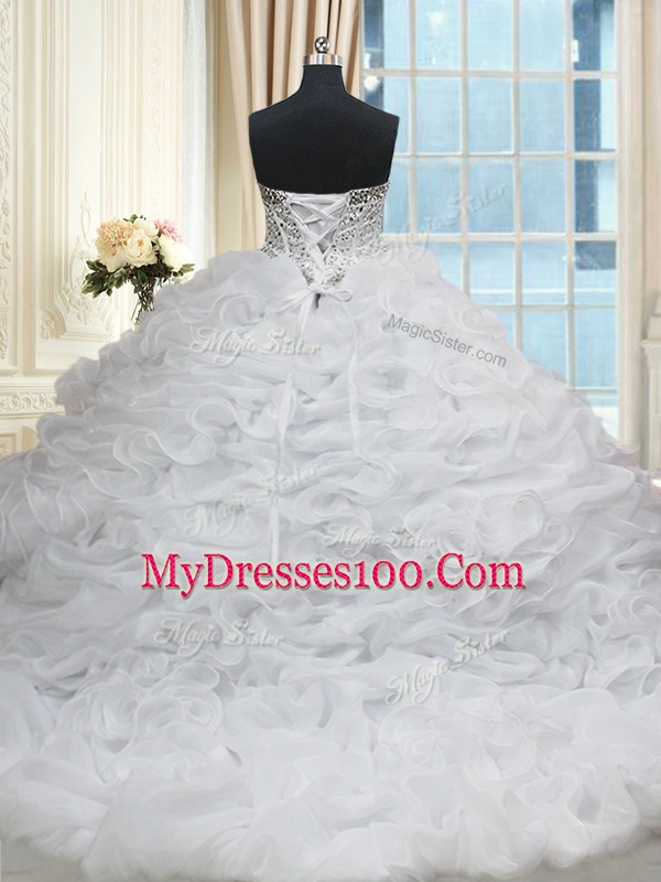 Brush Train Ball Gowns Quinceanera Dress White Sweetheart Organza Sleeveless Lace Up