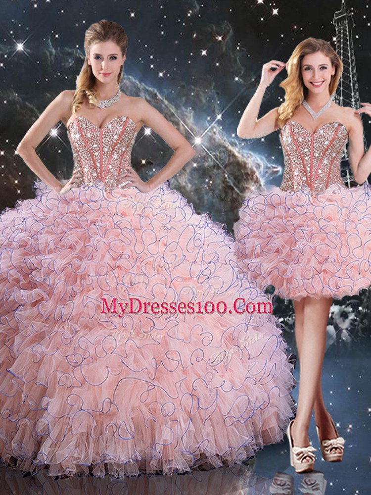 Baby Pink Ball Gowns Beading and Ruffles Quinceanera Gowns Lace Up Organza Sleeveless Floor Length