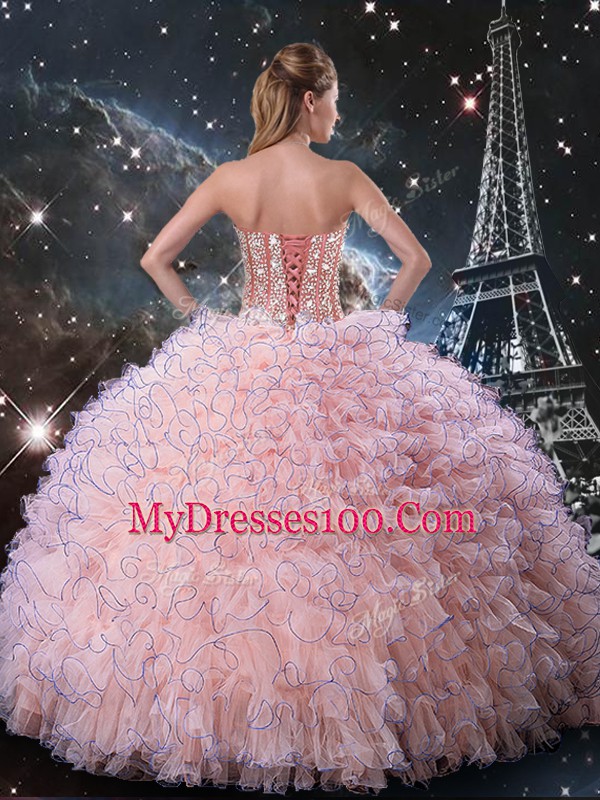 Baby Pink Ball Gowns Beading and Ruffles Quinceanera Gowns Lace Up Organza Sleeveless Floor Length
