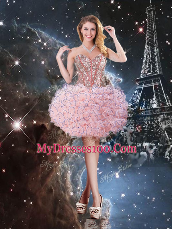 Baby Pink Ball Gowns Beading and Ruffles Quinceanera Gowns Lace Up Organza Sleeveless Floor Length