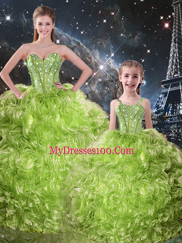 Discount Beading and Ruffles Ball Gown Prom Dress Olive Green Lace Up Sleeveless Floor Length