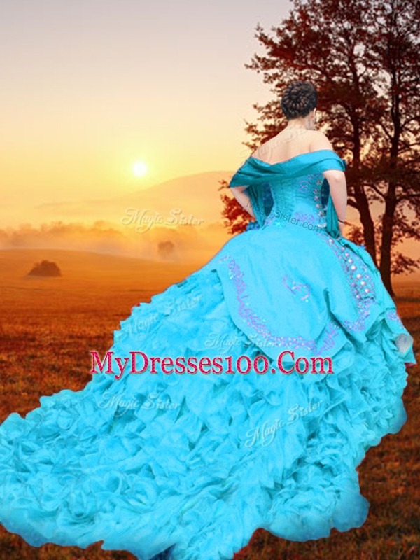 Sweetheart Sleeveless Organza 15 Quinceanera Dress Embroidery and Ruffles Brush Train Lace Up