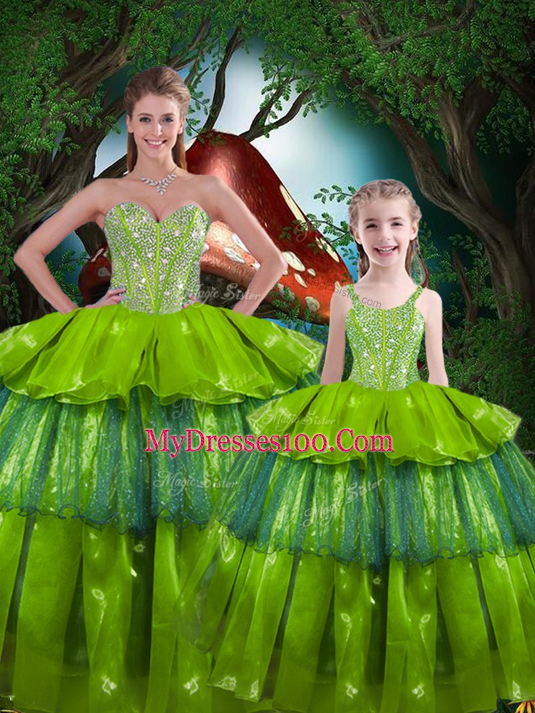 Decent Floor Length Olive Green Quinceanera Gown Organza Sleeveless Beading and Ruffled Layers
