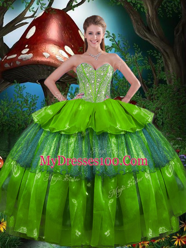 Decent Floor Length Olive Green Quinceanera Gown Organza Sleeveless Beading and Ruffled Layers
