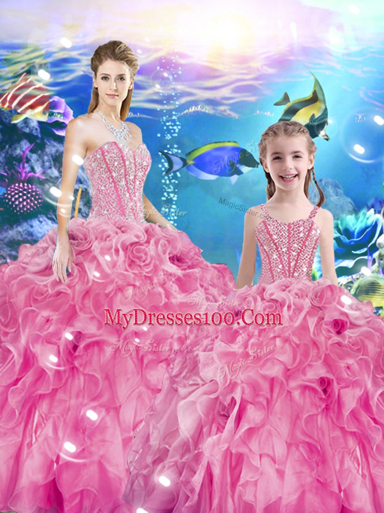 Eye-catching Sweetheart Sleeveless Lace Up Quinceanera Gown Rose Pink Organza