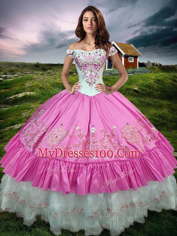 Glittering Floor Length Rose Pink Quinceanera Dresses Off The Shoulder Sleeveless Lace Up
