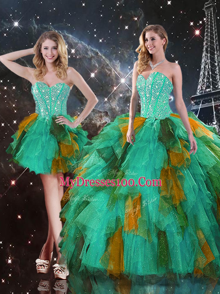 Best Multi-color Lace Up Sweetheart Ruffles Quince Ball Gowns Tulle Sleeveless