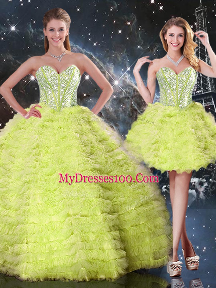 Luxury Yellow Green Sweetheart Lace Up Beading and Ruffles Quinceanera Dress Sleeveless