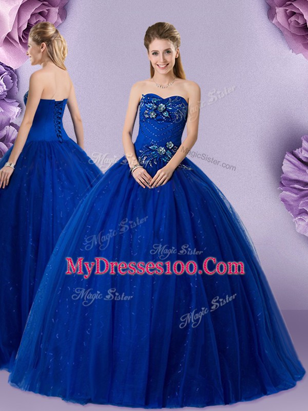 Royal Blue Ball Gowns Beading and Appliques 15 Quinceanera Dress Lace Up Tulle Sleeveless Floor Length